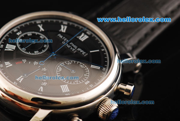 Patek Philippe Chronograph Swiss Valjoux 7750 Manual Winding Movement Steel Case with Black Dial and Black Leather Strap - Click Image to Close